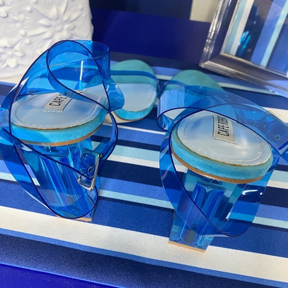 Fashion nova neon blue clear ankle strap square high heel sandals Sz 10 - Picture 13 of 15